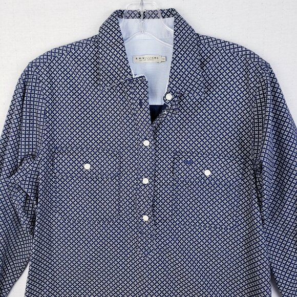 R.M.Williams Australia Cotton Blouse Shirt Printed Women's size 10 Navy Preppy - Picture 7 of 12